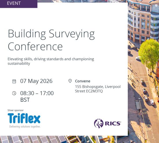 RICS sponsor card for triflex showing 7 May 2026, Convene, London.