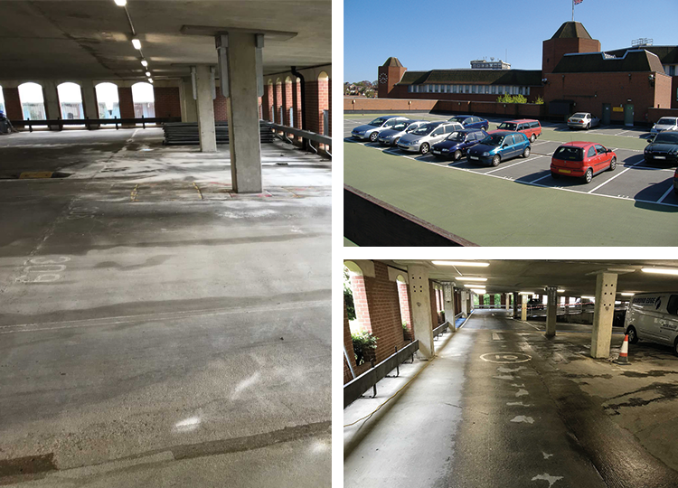 Triflex image of Middleborough car park building in Colchester before and during works.